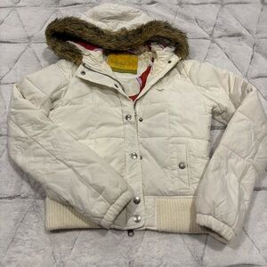 Vtg Y2K White Hollister Jacket Fur Hood Size L Bella Swan Cropped Rare Preppy